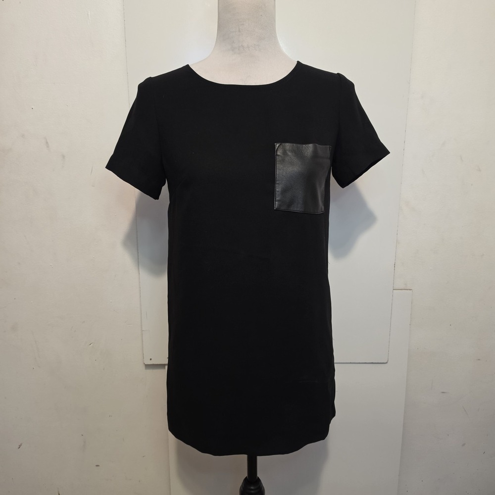J.Crew‎ Women's XXS Black Blouse Faux Leather Pocket Back Zip Short Sleeve
